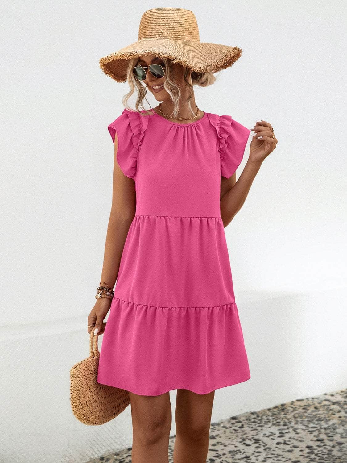 Ruffled Round Neck Cap Sleeve Mini Dress Deep Rose / S