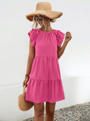 Ruffled Round Neck Cap Sleeve Mini Dress Deep Rose / S