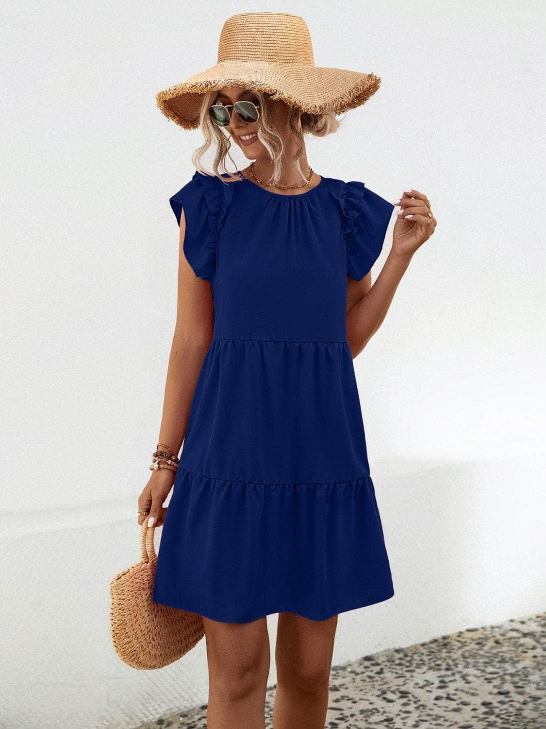 Ruffled Round Neck Cap Sleeve Mini Dress Navy / S