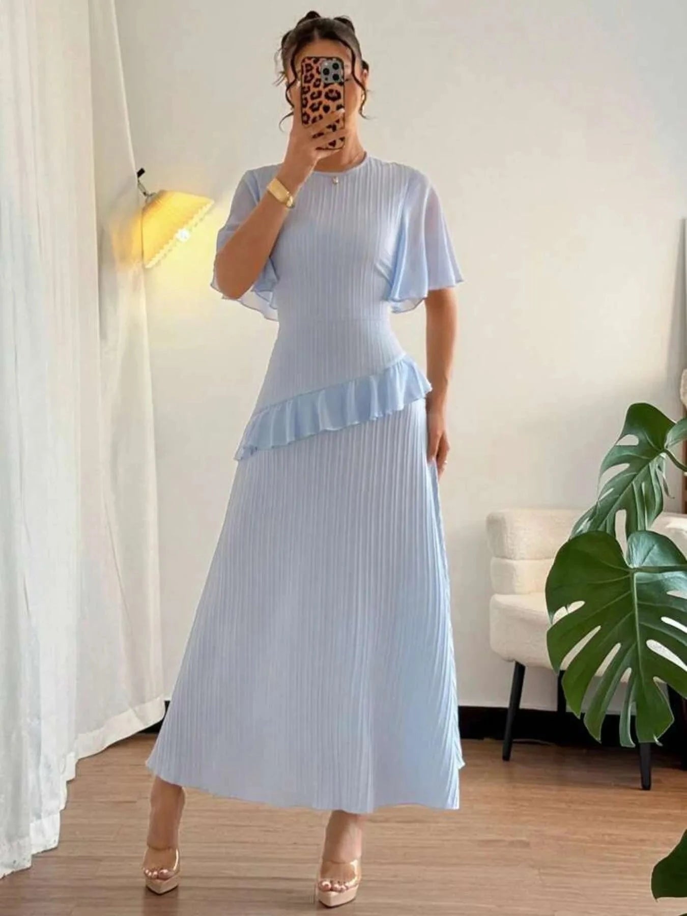 Ruffled Round Neck Flutter Sleeve Dress