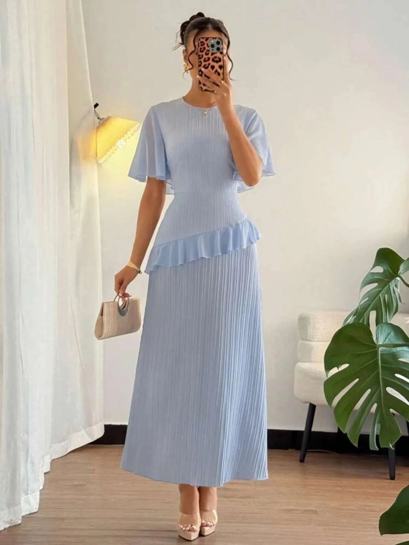 Ruffled Round Neck Flutter Sleeve Dress