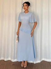 Ruffled Round Neck Flutter Sleeve Dress Light Blue / S