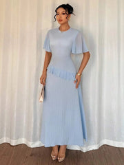 Ruffled Round Neck Flutter Sleeve Dress Light Blue / S