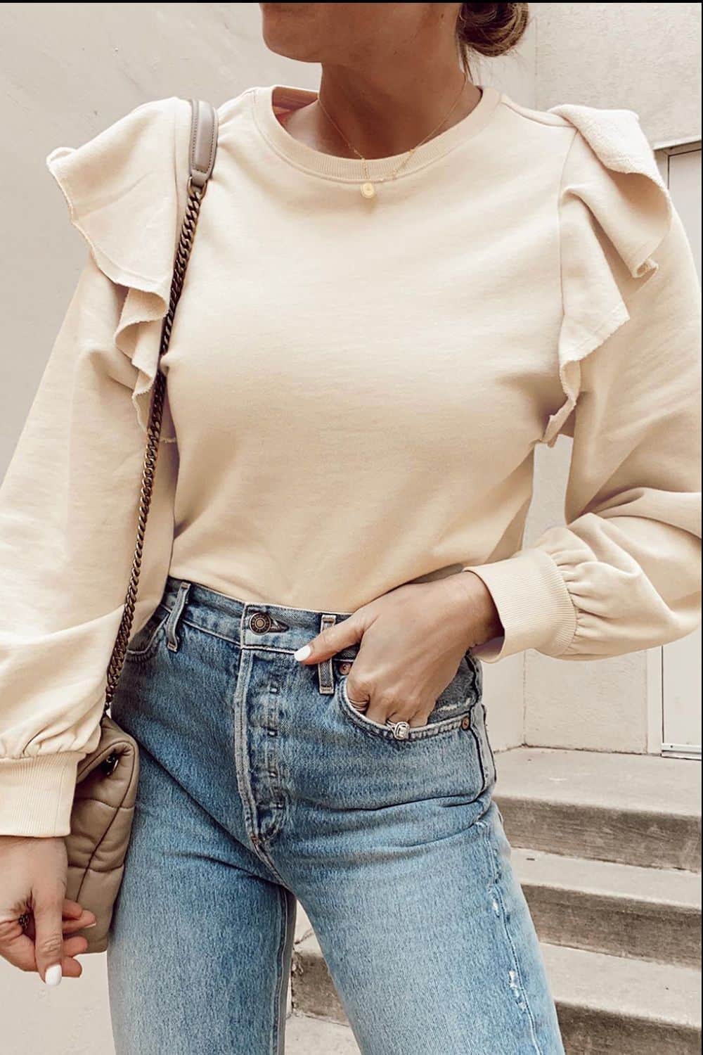 Ruffled Round Neck Long Sleeve Blouse Cream / S