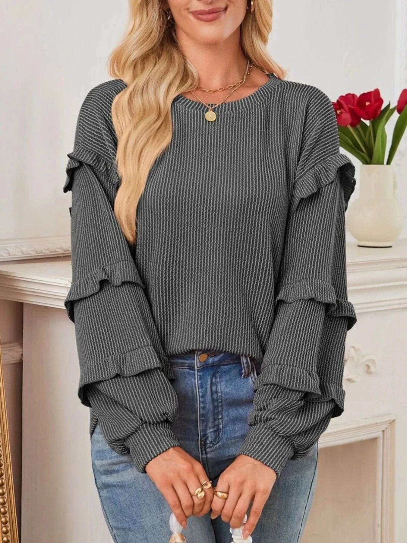 Ruffled Round Neck Long Sleeve Sweatshirt