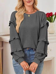 Ruffled Round Neck Long Sleeve Sweatshirt