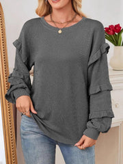 Ruffled Round Neck Long Sleeve Sweatshirt