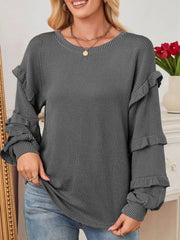 Ruffled Round Neck Long Sleeve Sweatshirt