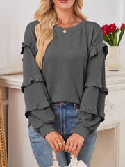 Ruffled Round Neck Long Sleeve Sweatshirt Black / S