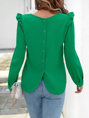 Ruffled Round Neck Long Sleeve Textured Blouse