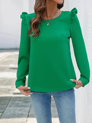 Ruffled Round Neck Long Sleeve Textured Blouse