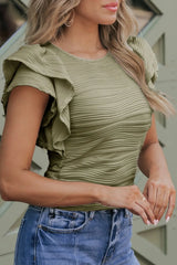 Ruffled Round Neck Textured Top