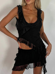 Ruffled Scoop Neck Tank and Skirt Set Black / S