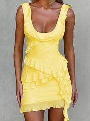 Ruffled Scoop Neck Tank and Skirt Set Yellow / S