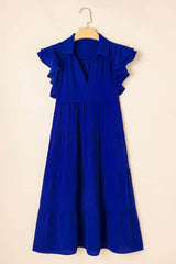 Ruffled Short Sleeve Collared V Neck Tiered Midi Dress