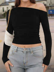 Ruffled Single Shoulder T-Shirt Black / S