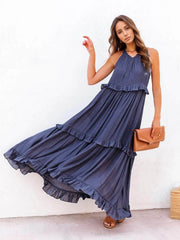 Ruffled Sleeveless Tiered Maxi Dress with Pockets Dark Blue / S