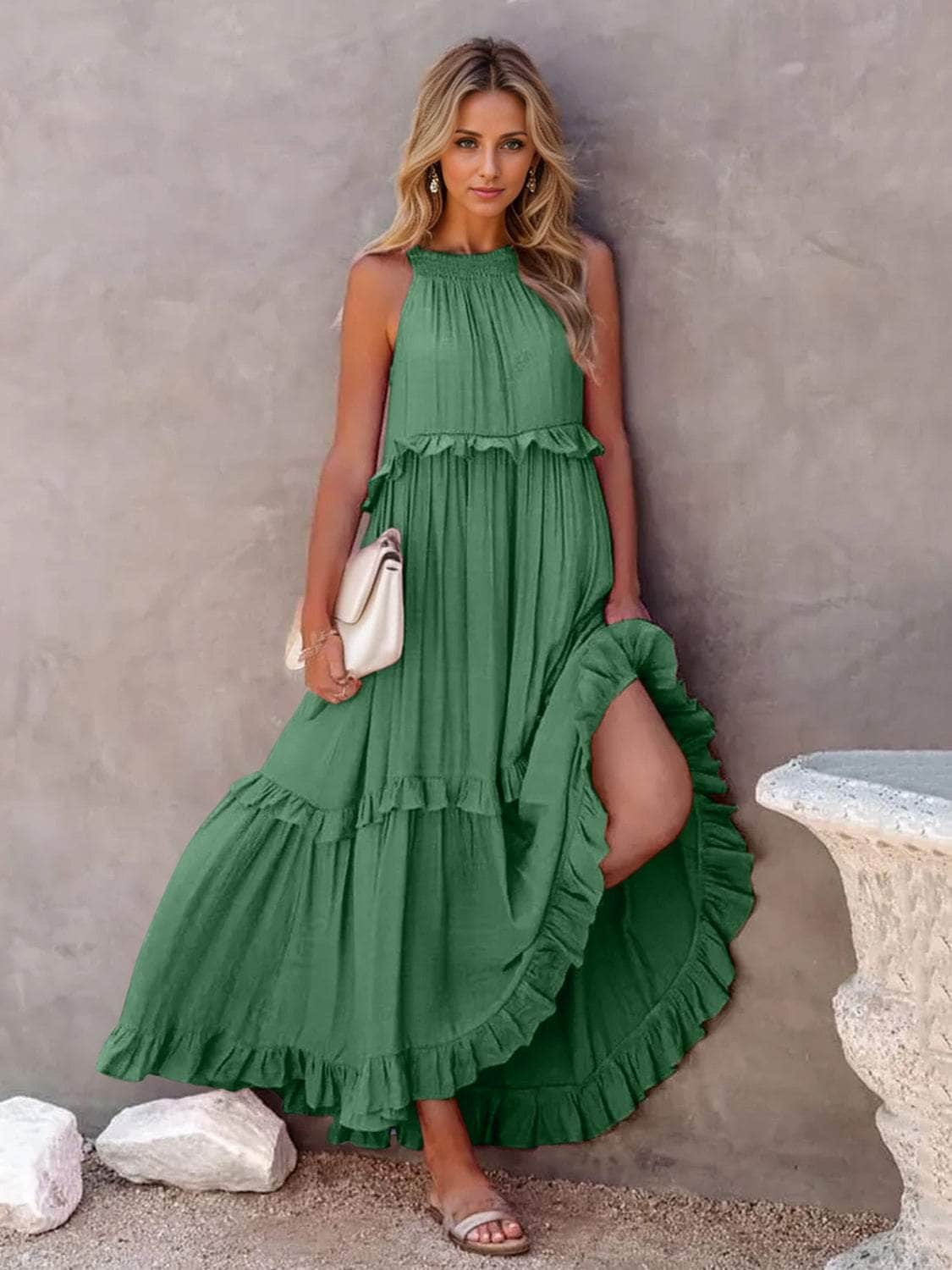 Ruffled Sleeveless Tiered Maxi Dress with Pockets Dark Green / S