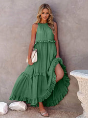 Ruffled Sleeveless Tiered Maxi Dress with Pockets Dark Green / S