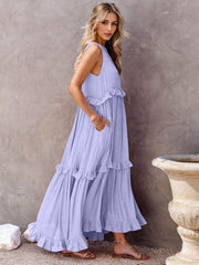 Ruffled Sleeveless Tiered Maxi Dress with Pockets Lilac / S