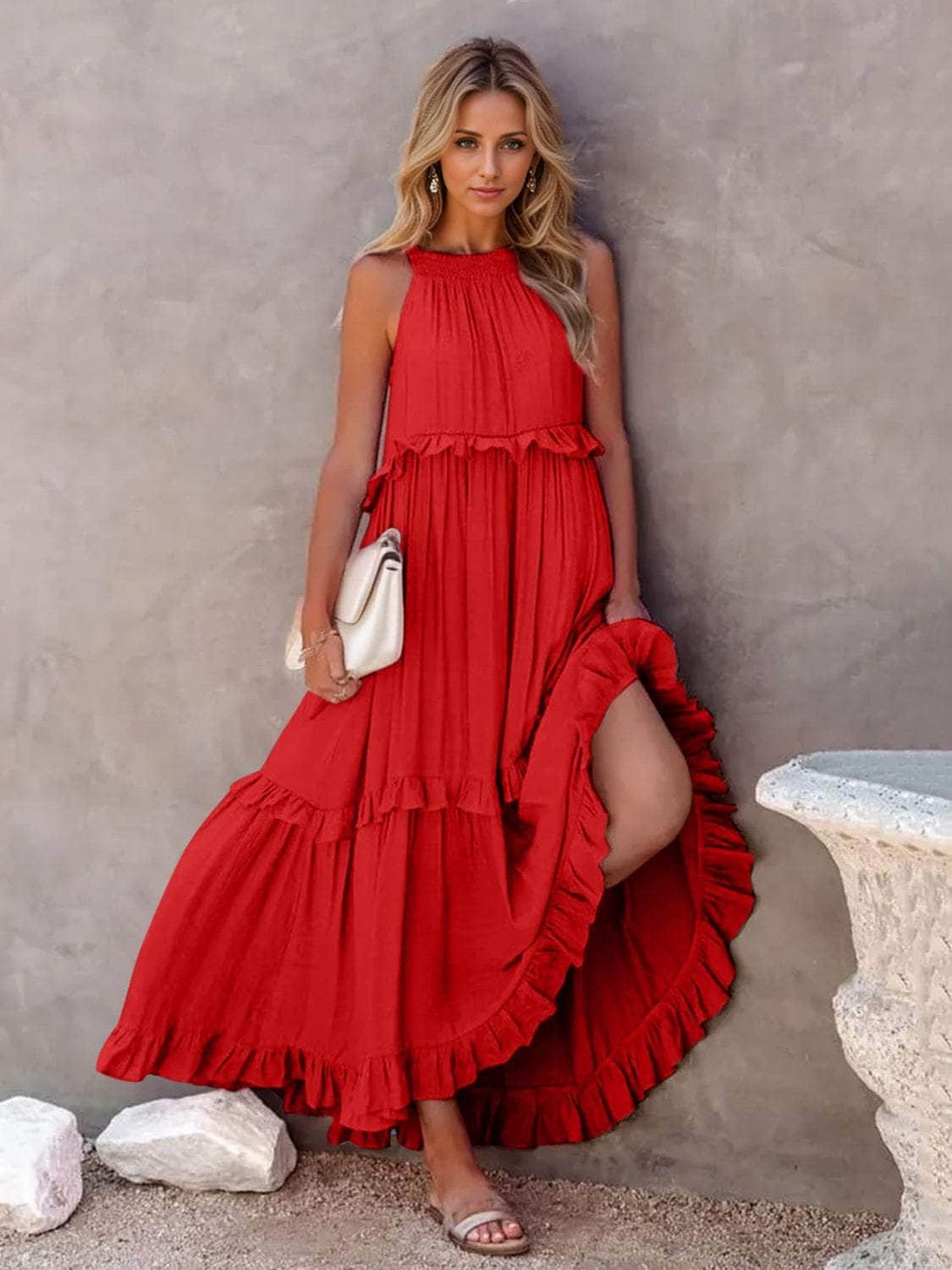Ruffled Sleeveless Tiered Maxi Dress with Pockets Red / S