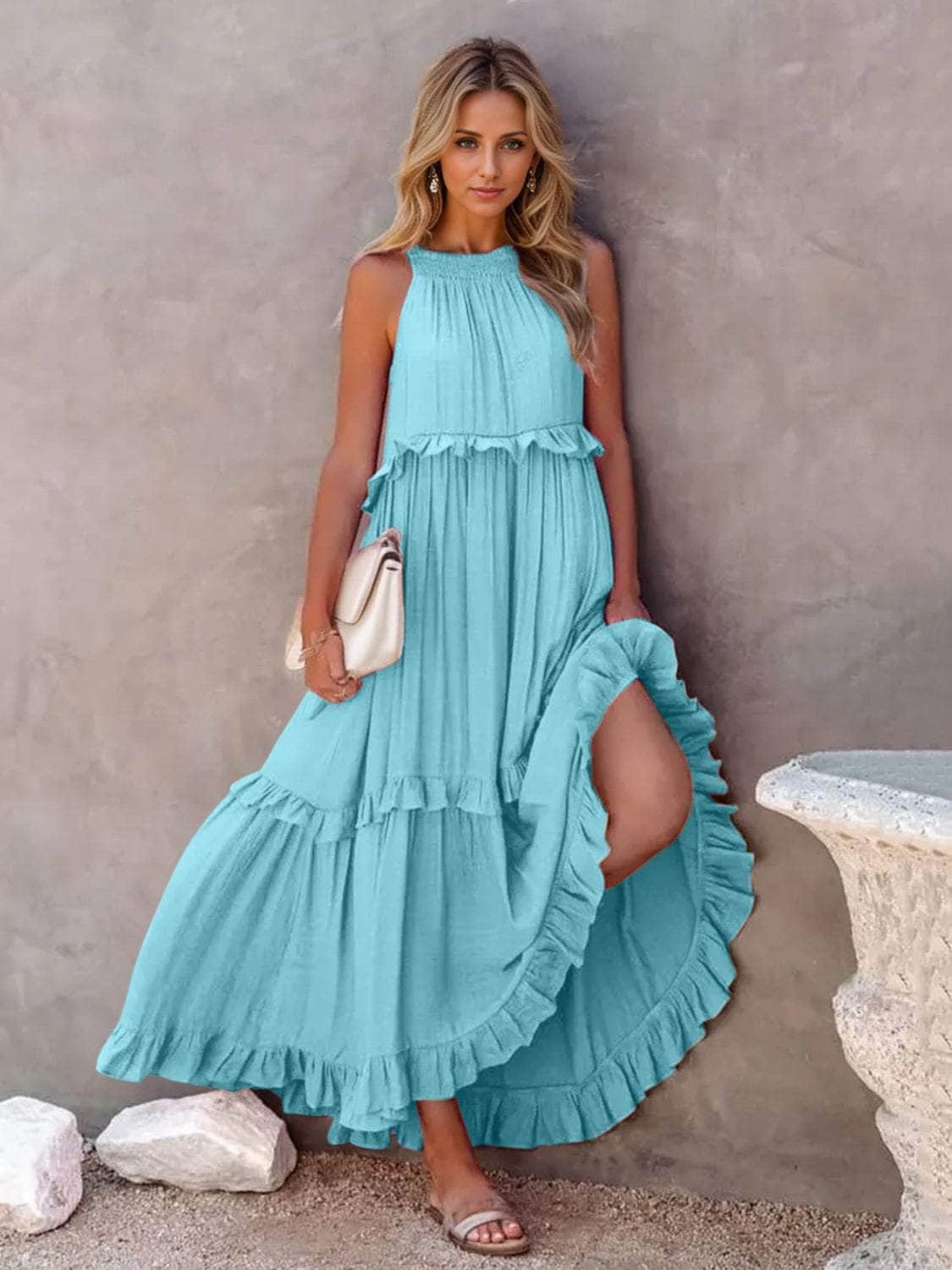 Ruffled Sleeveless Tiered Maxi Dress with Pockets Sky Blue / S