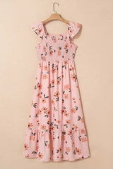 Ruffled Smocked Cap Sleeve Printed Maxi Dress