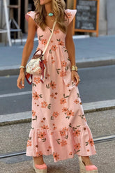 Ruffled Smocked Cap Sleeve Printed Maxi Dress Watermelon pink / S