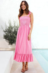 Ruffled Smocked Ruffle Hem Sleeveless Dress Fuchsia Pink / S