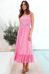 Ruffled Smocked Ruffle Hem Sleeveless Dress Fuchsia Pink / S