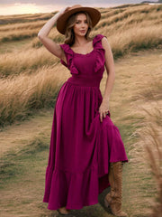 Ruffled Smocked Square Neck Maxi Dress