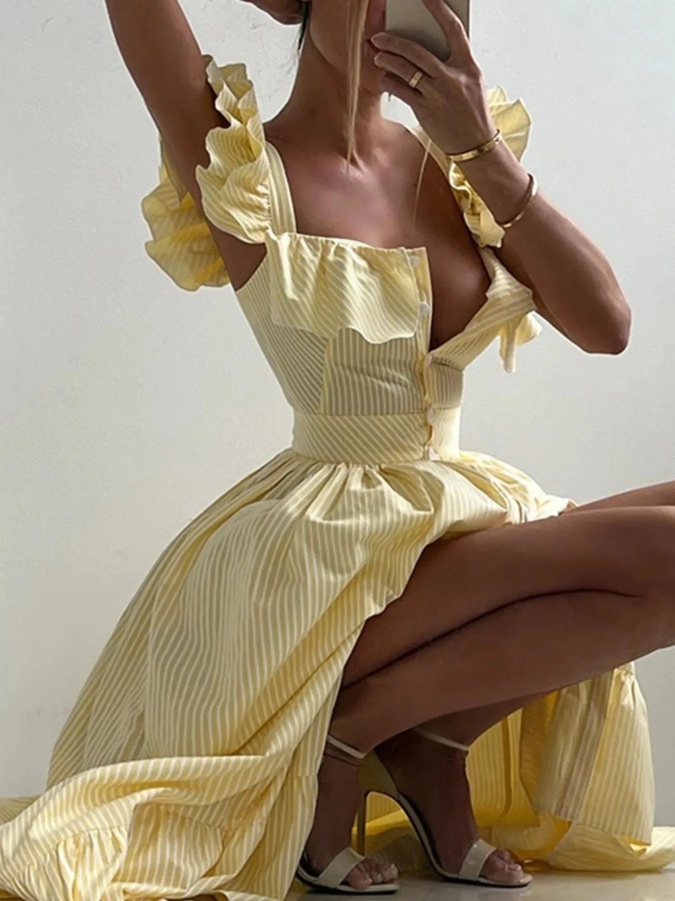 Ruffled Striped Square Neck Dress