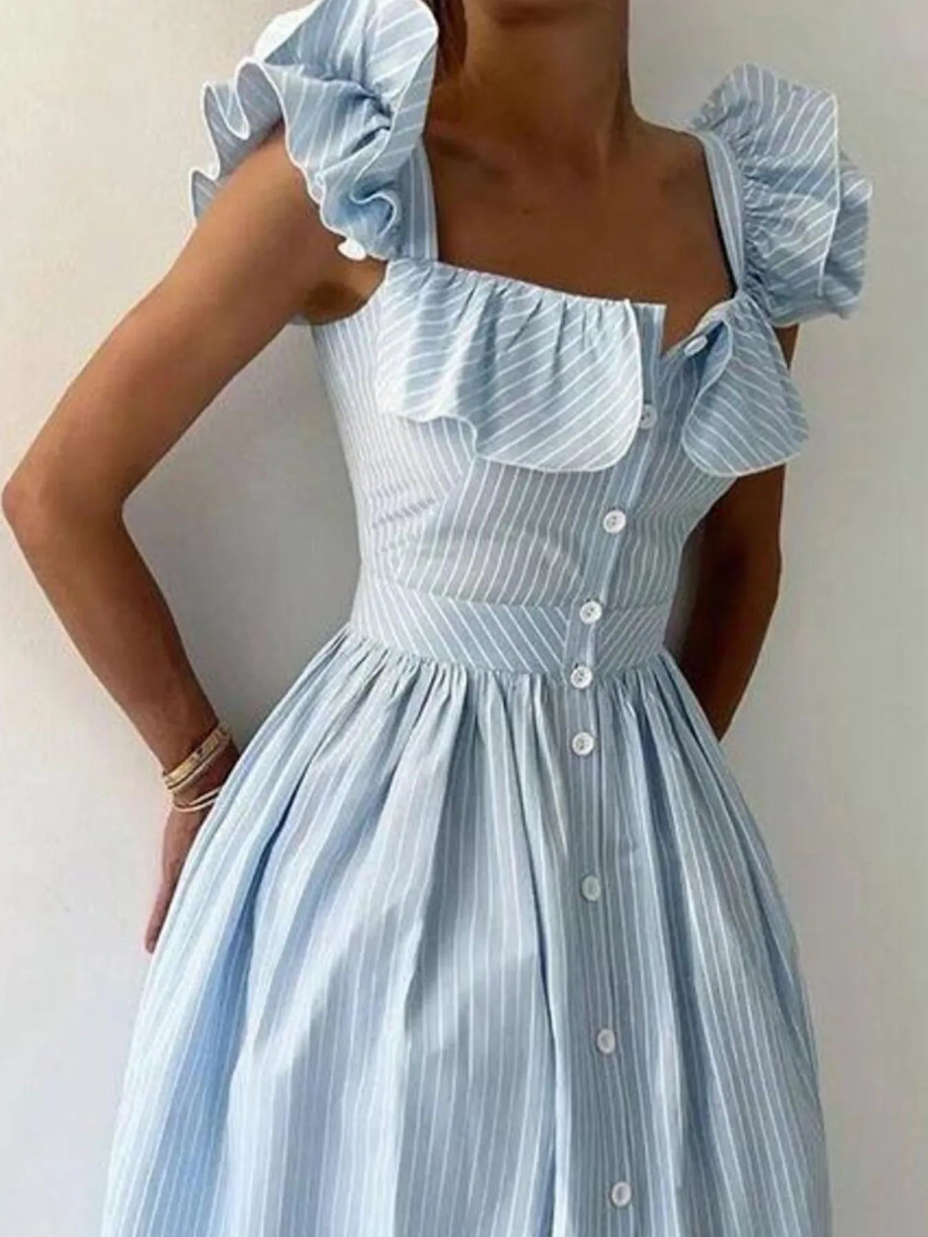 Ruffled Striped Square Neck Dress