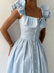 Ruffled Striped Square Neck Dress