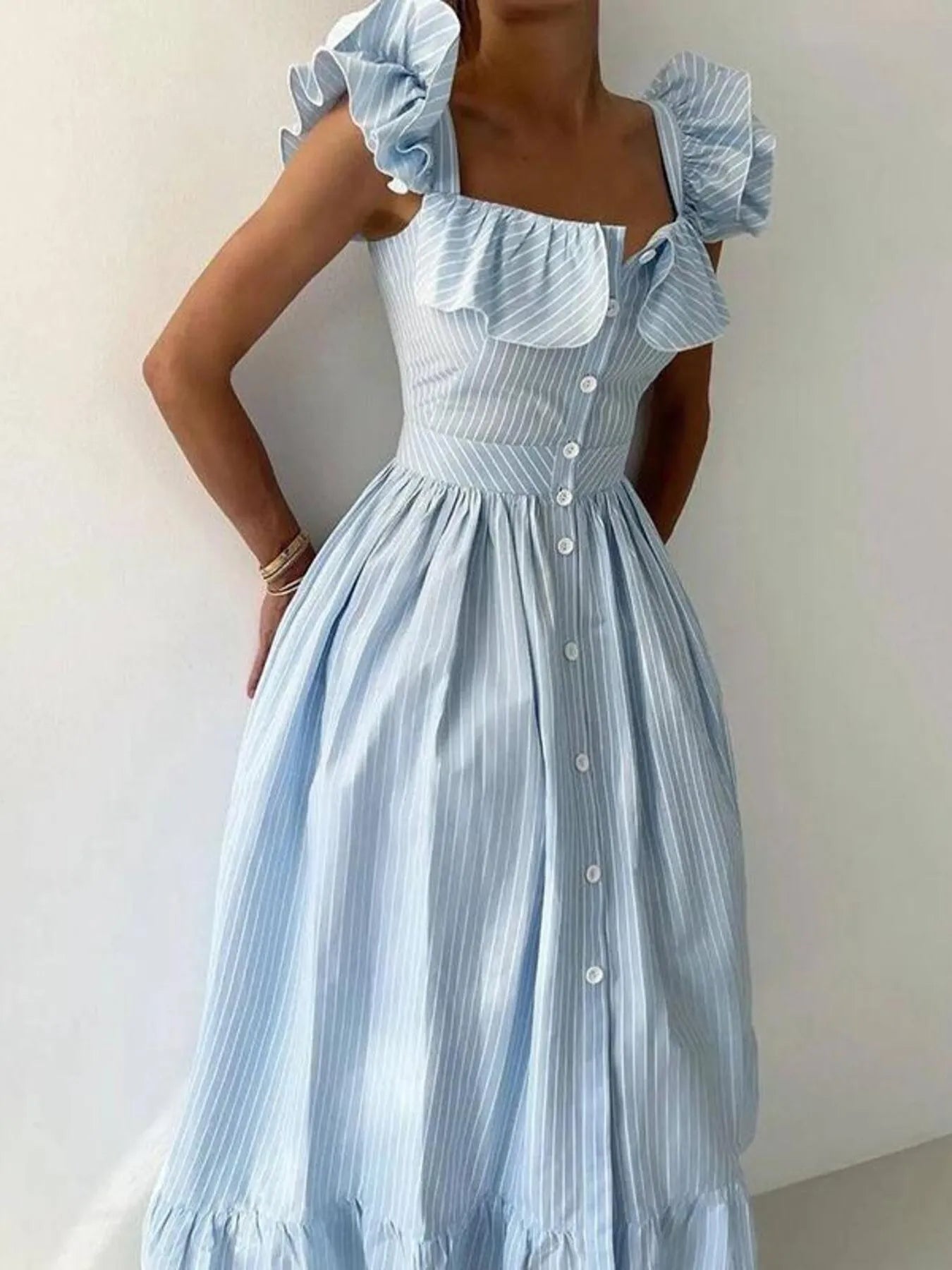 Ruffled Striped Square Neck Dress Light Blue / S