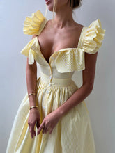 Ruffled Striped Square Neck Dress Pastel Yellow / S
