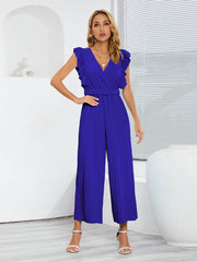 Ruffled Surplice Cap Sleeve Jumpsuit Dark Blue / S
