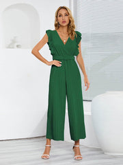 Ruffled Surplice Cap Sleeve Jumpsuit Dark Green / S