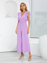 Ruffled Surplice Cap Sleeve Jumpsuit Pink Purple / S