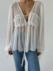 Ruffled Tie Front Long Sleeve Blouse