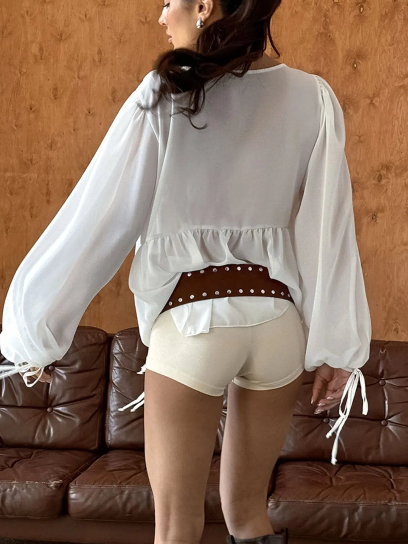 Ruffled Tie Front Long Sleeve Blouse