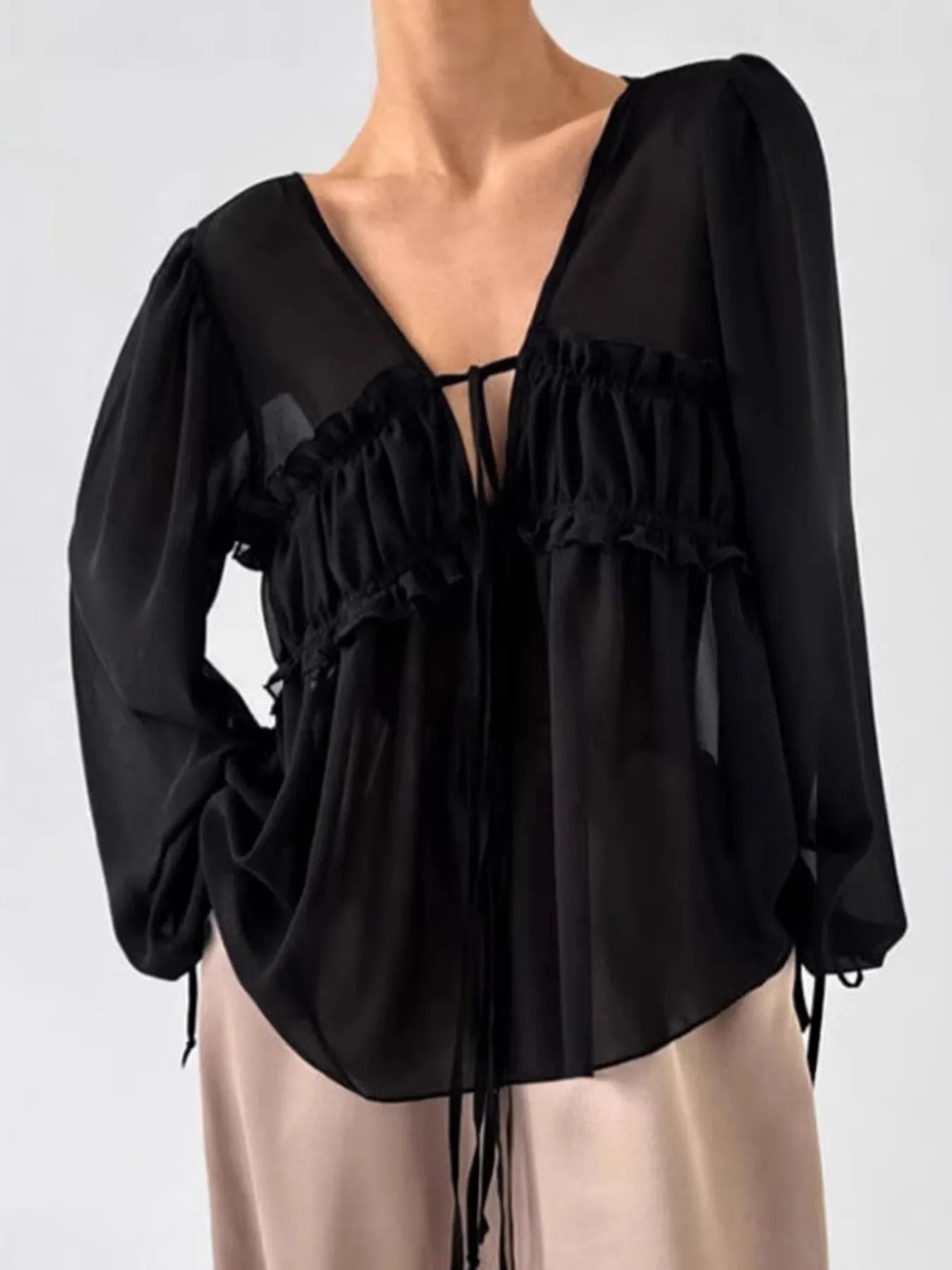 Ruffled Tie Front Long Sleeve Blouse Black / S