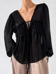 Ruffled Tie Front Long Sleeve Blouse Black / S