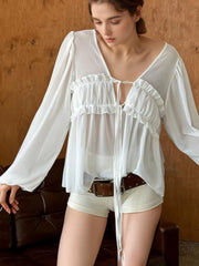Ruffled Tie Front Long Sleeve Blouse White / S