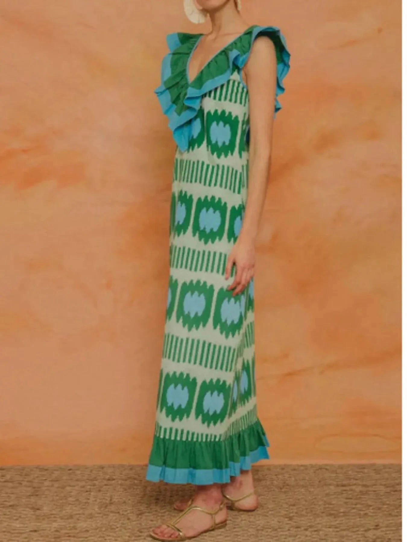 Ruffled V-Neck Printed Maxi Dress