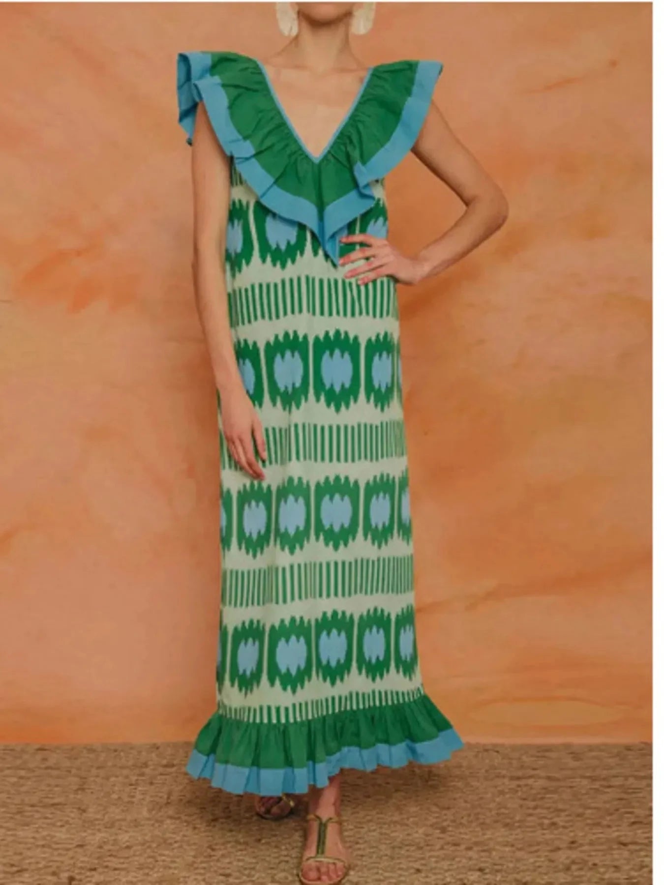 Ruffled V-Neck Printed Maxi Dress Turquoise / S