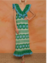 Ruffled V-Neck Printed Maxi Dress Turquoise / S
