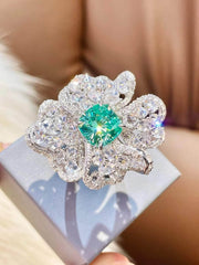 S925 Sterling Silver Lab Imitated Diamond Blue Crystal Cocktail Floral Deco Ring