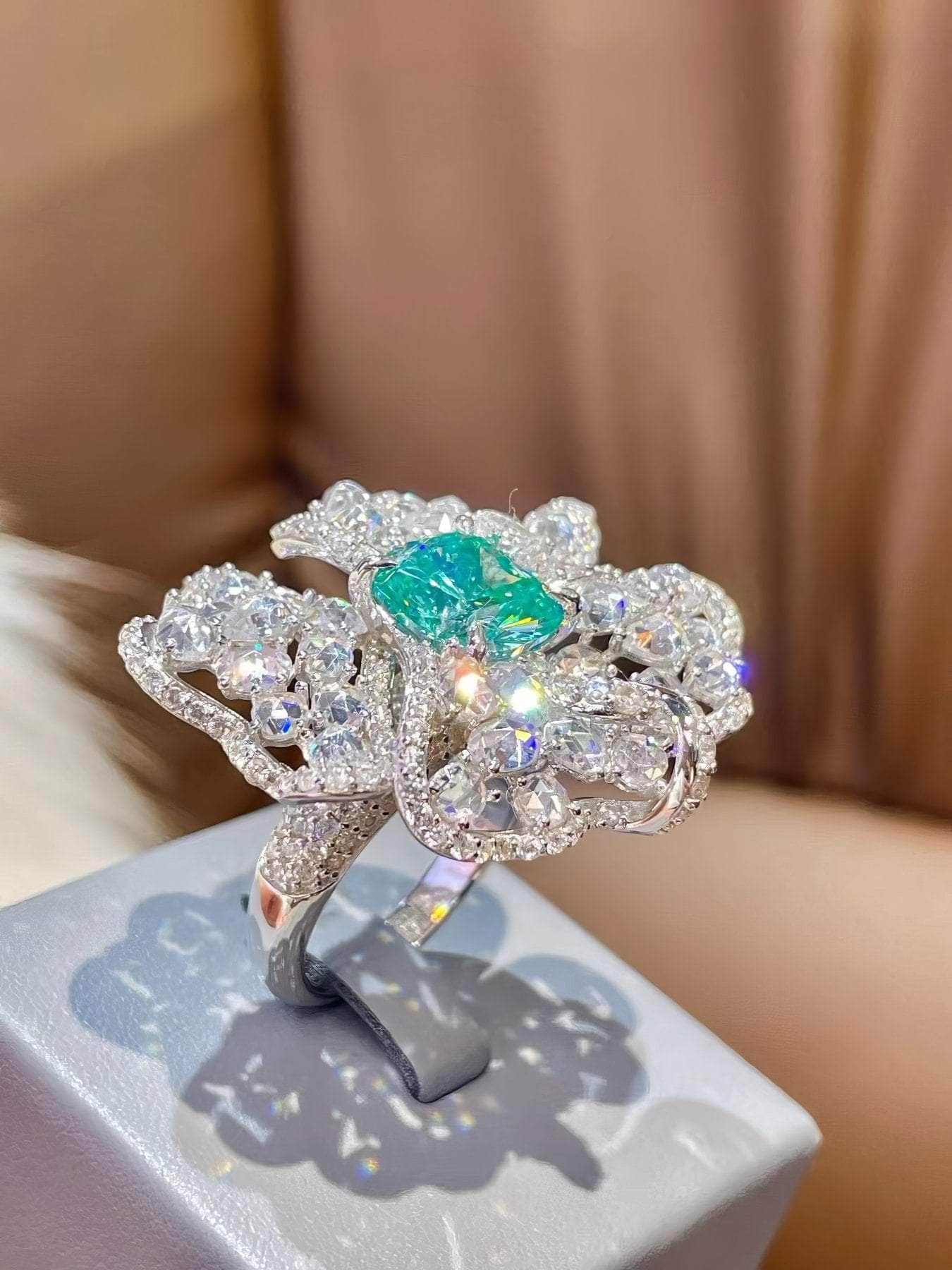 S925 Sterling Silver Lab Imitated Diamond Blue Crystal Cocktail Floral Deco Ring