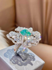 S925 Sterling Silver Lab Imitated Diamond Blue Crystal Cocktail Floral Deco Ring